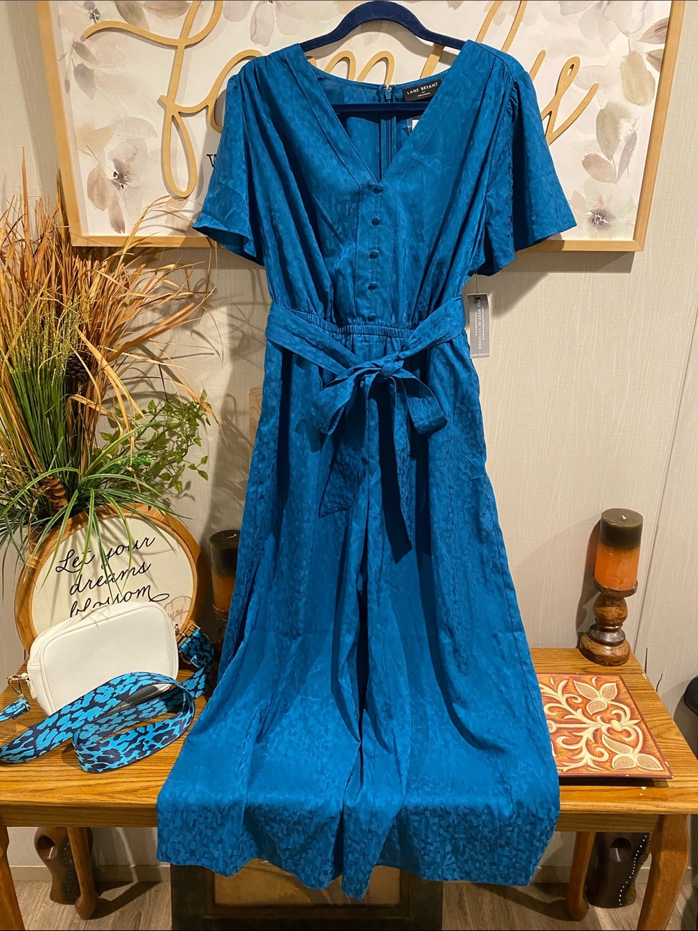 Lane Bryant Teal Button-Front V-Neck Jumpsuit Dress with Self Tie